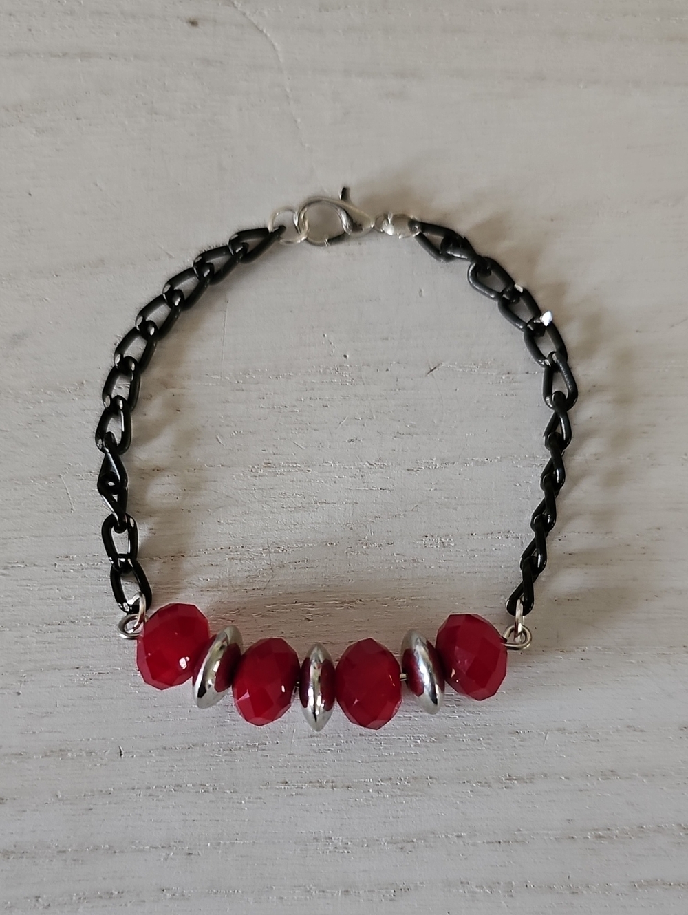 Black Chain Bracelet with Red Faceted Beads